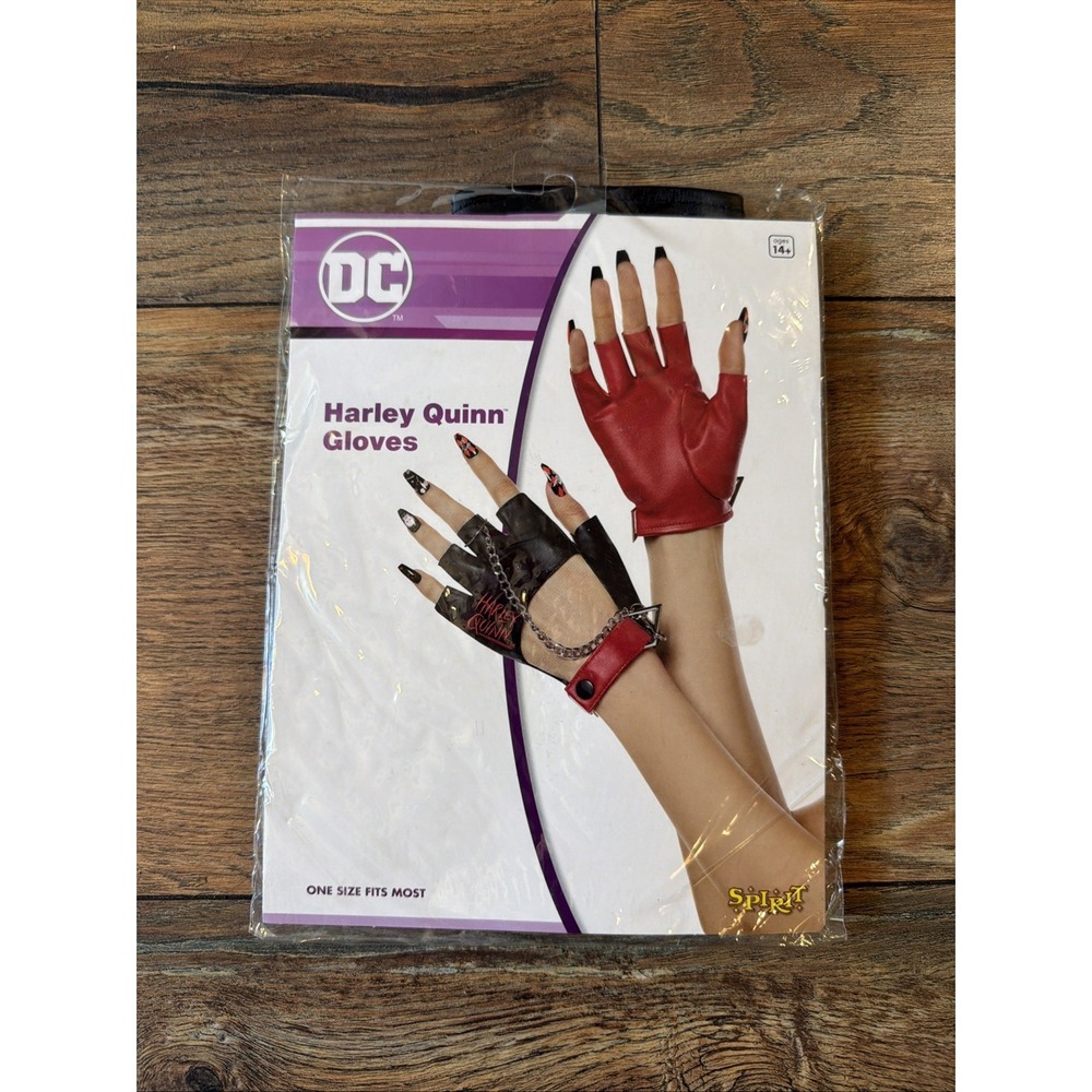 NEW Sealed Spirit DC Harley Quinn Gloves Black & Red Biker Driver Gloves Chains